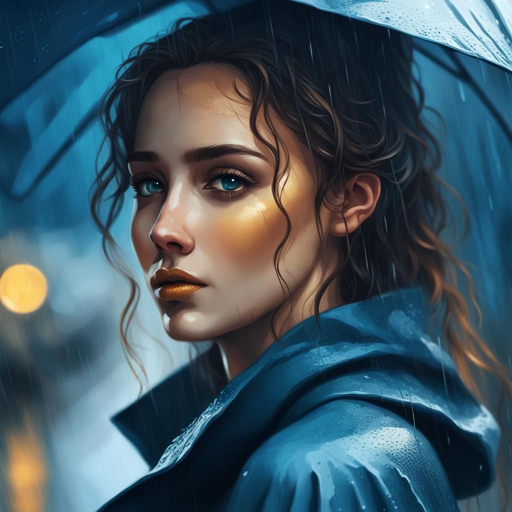 Woman in Rain Art, Serene Digital Painting