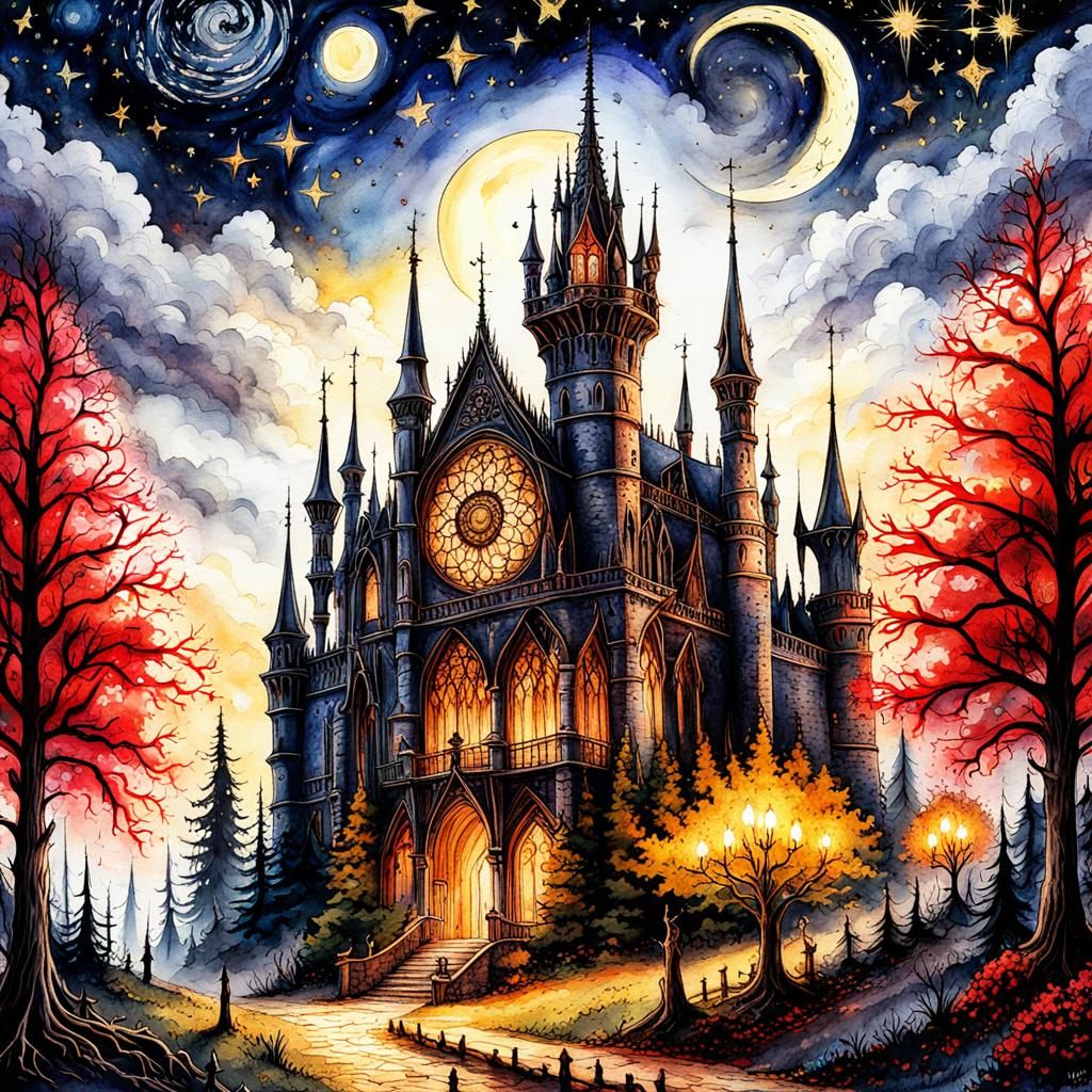 Haunted Gothic Forest in Watercolor Style