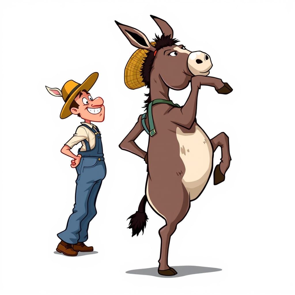 Farmer Gets a Kick from a Playful Donkey in Whimsical Carica...