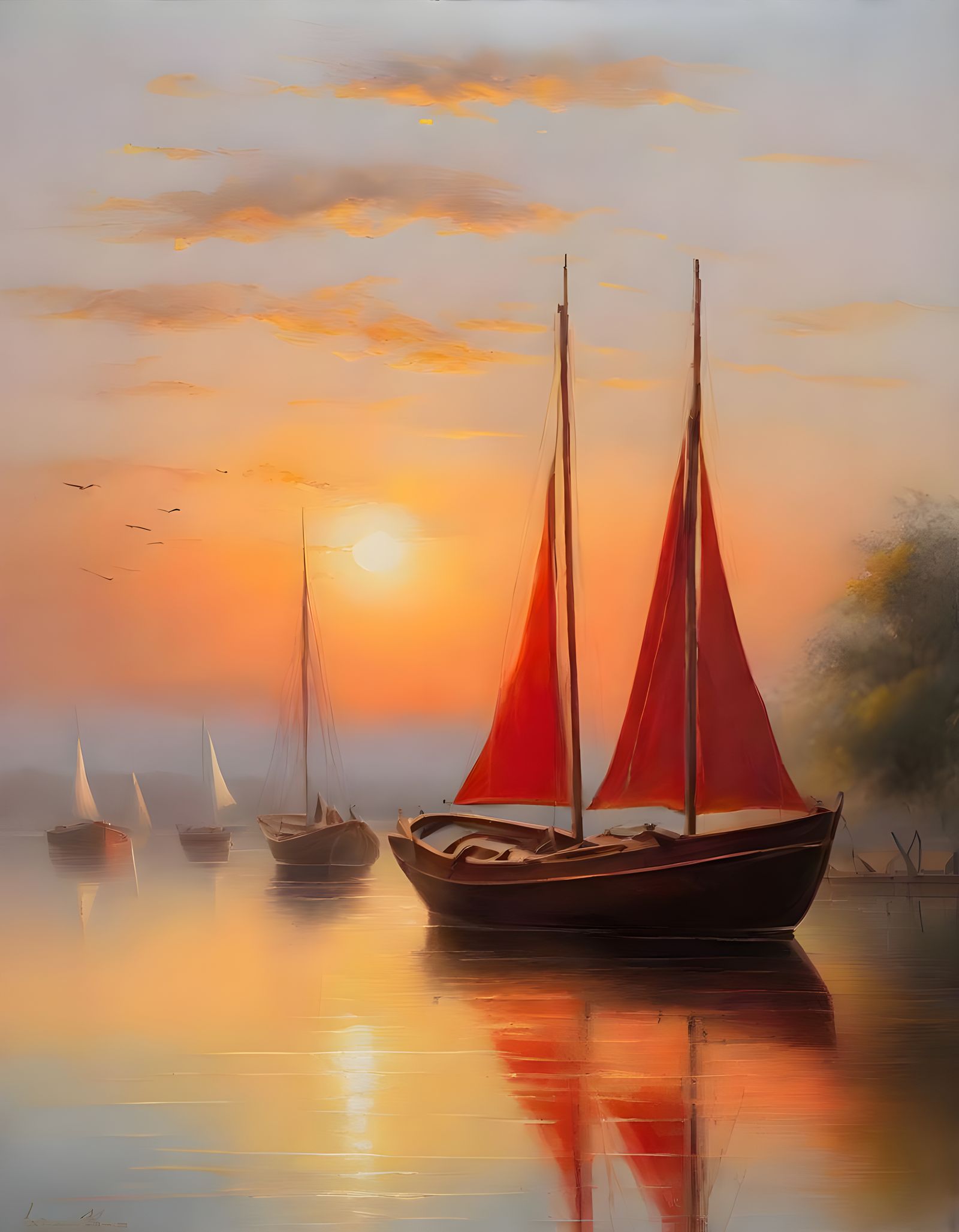Serene Sunset Harbour in the Style of Romantic Landscape Pai...