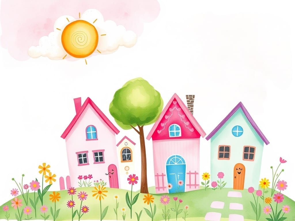 Whimsical Pastel Houses Amidst Flowers in Watercolor Style