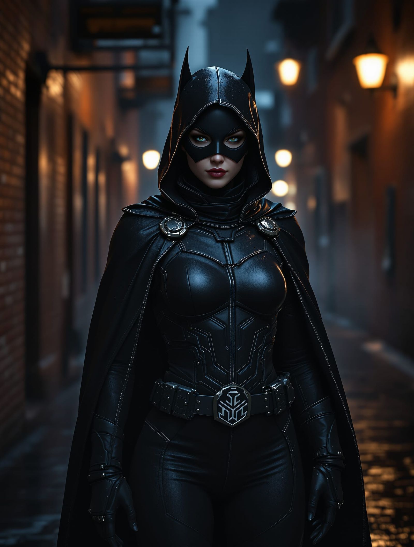 Noir Vigilante in Tactical Suit in Rainy Alley