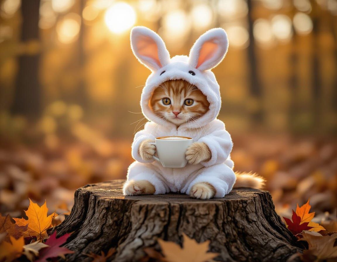 Adorable Ginger Kitten in Bunny Costume, Fall Forest Macro P...