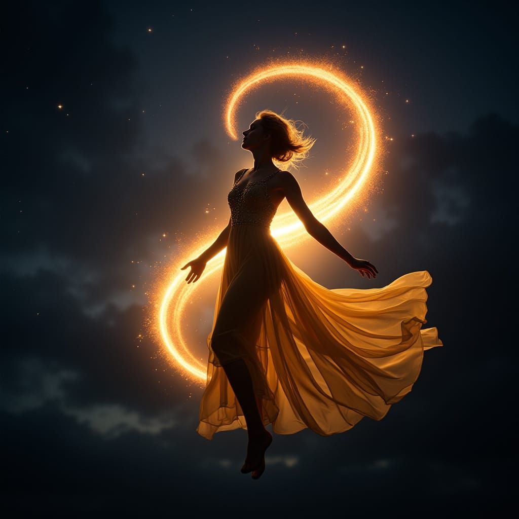 Majestic Young Woman Soars Through the Night Sky in Stunning...