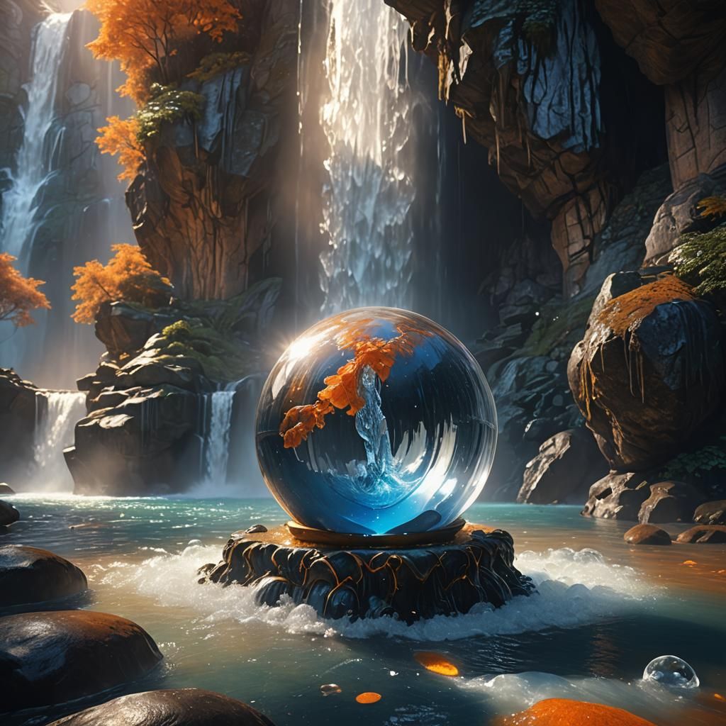 Waterfall Flowing from Crystal Ball in Mystical Chamber
