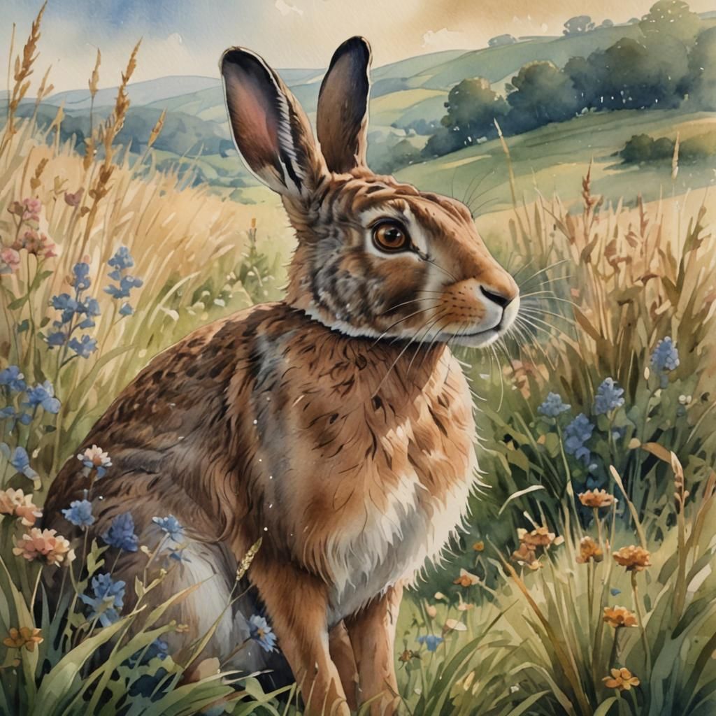 Brown Hare in English Countryside, Watercolour Art