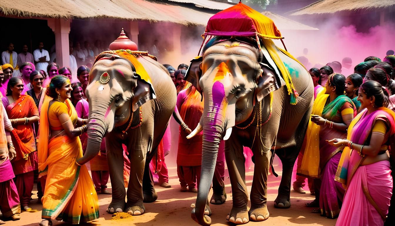 Elephants Celebrate Holi Festival in Colorful Crowd