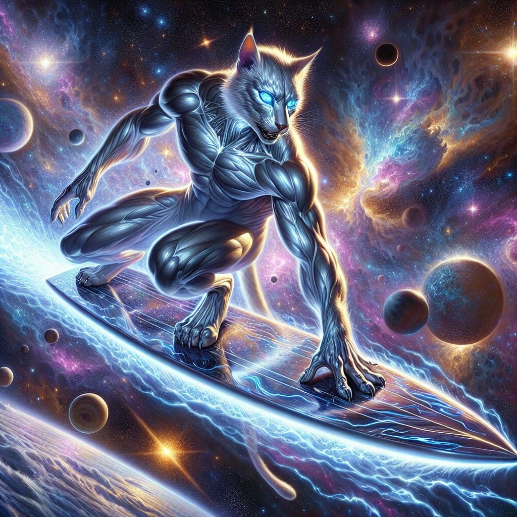 Cosmic Feline Guardian on a Starry Surfboard
