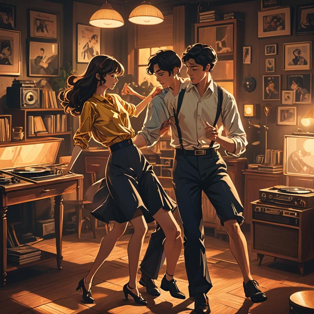 Anime-Style Couple Dancing in Vintage Room