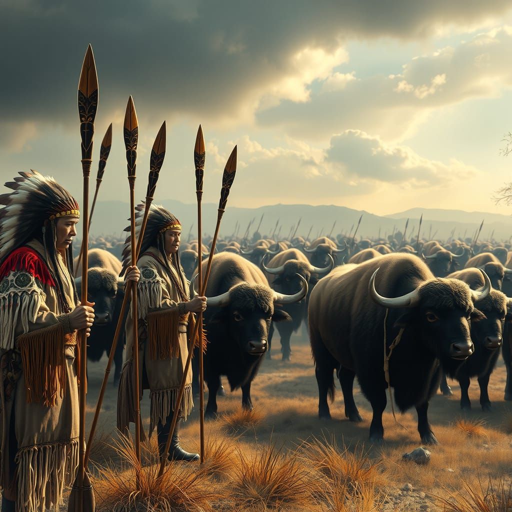 Native American Hunting Party Approaching Buffalo Herd