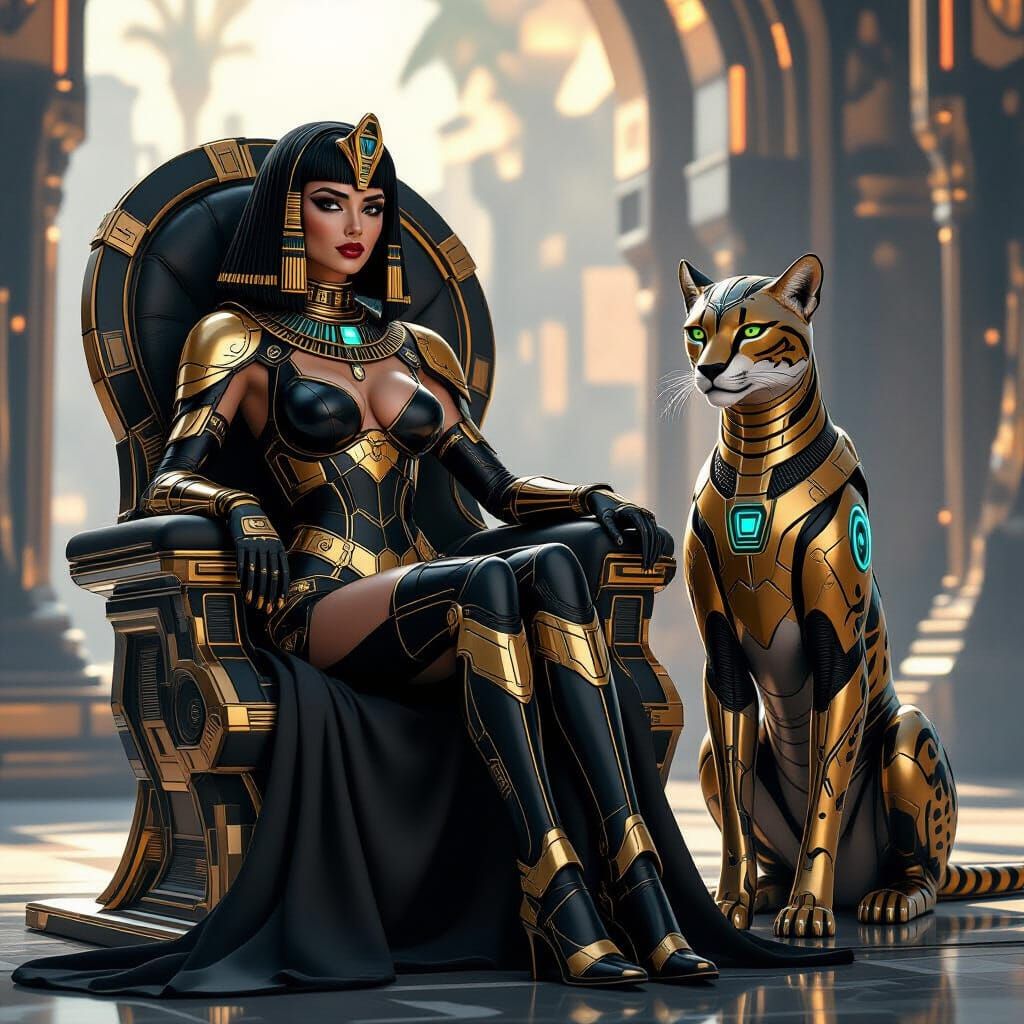Cyberpunk Cleopatra on Neon Throne with Robot Cheetah