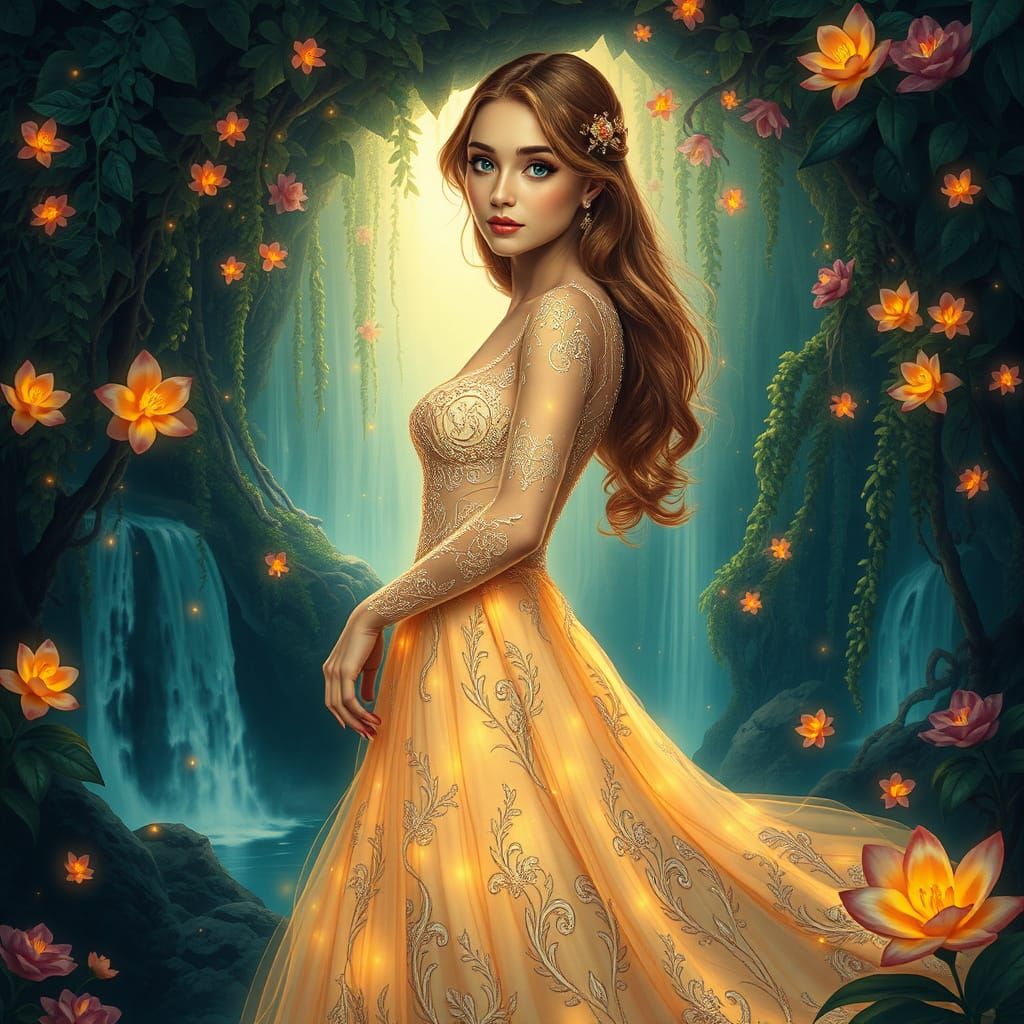 Starlight Gown in Bioluminescent Grotto, Hyperrealistic Styl...