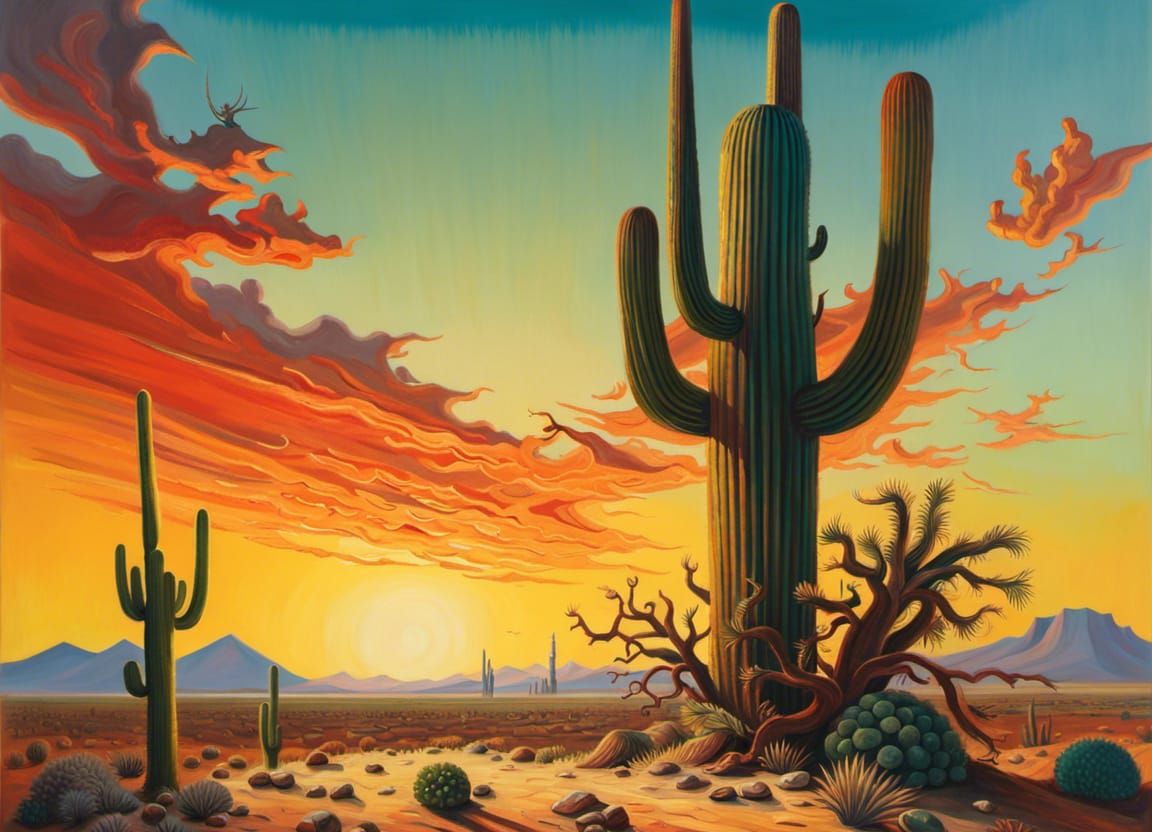 Surreal Desert Sunset Painting in Maximalist Style