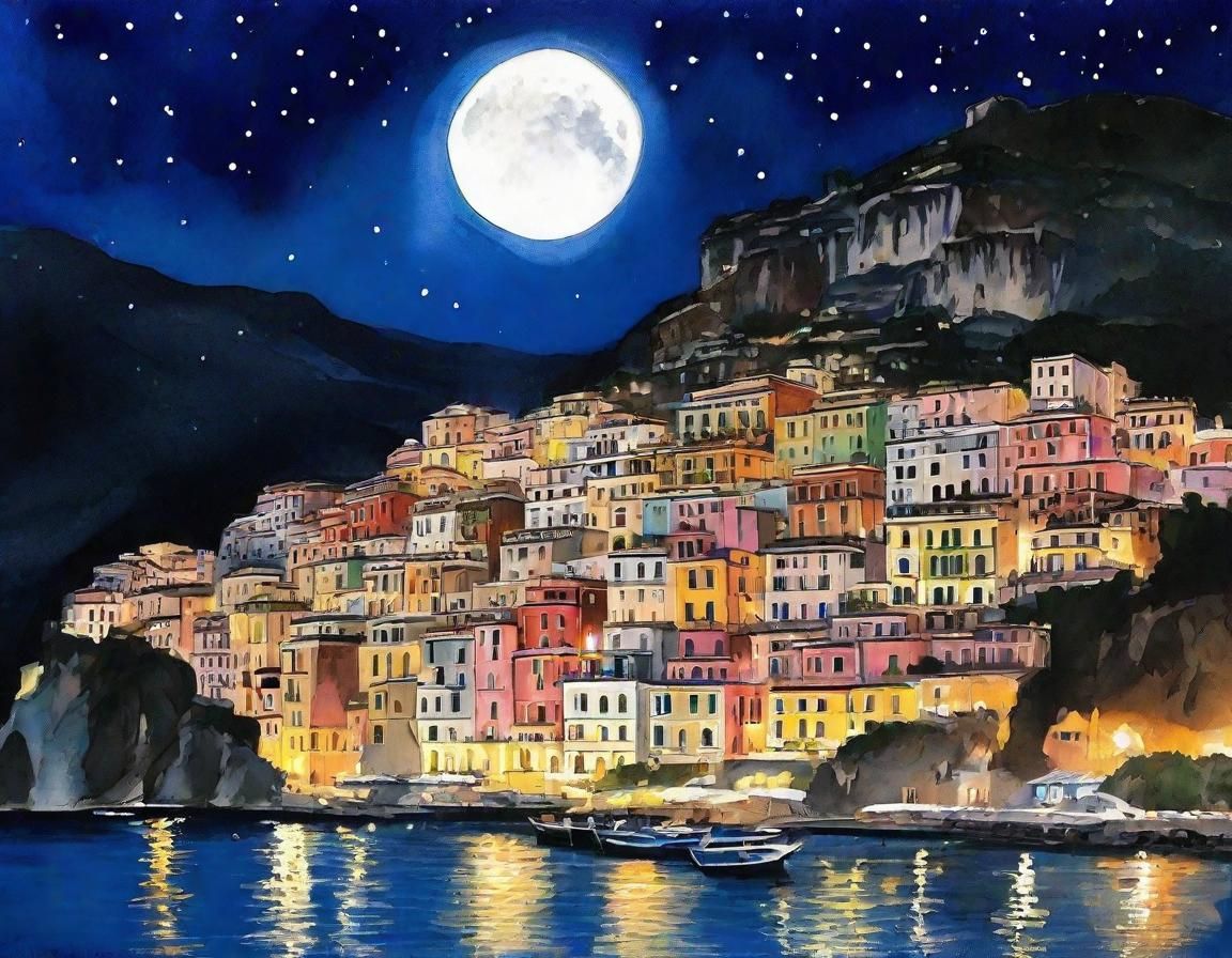 Moonlit Positano: A Dreamy Ink Wash Painting