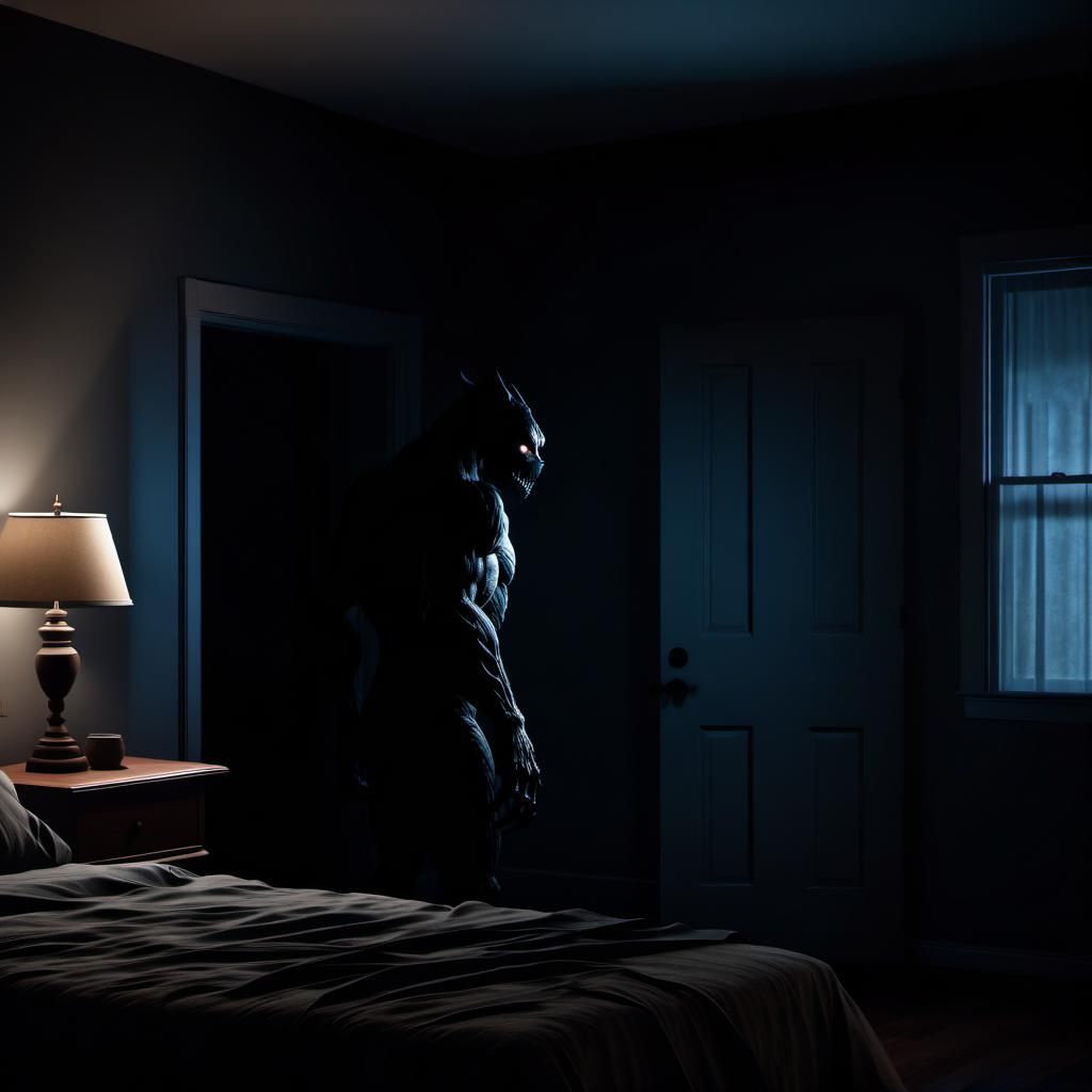 Terrifying Skinwalker Silhouette in Dark Bedroom