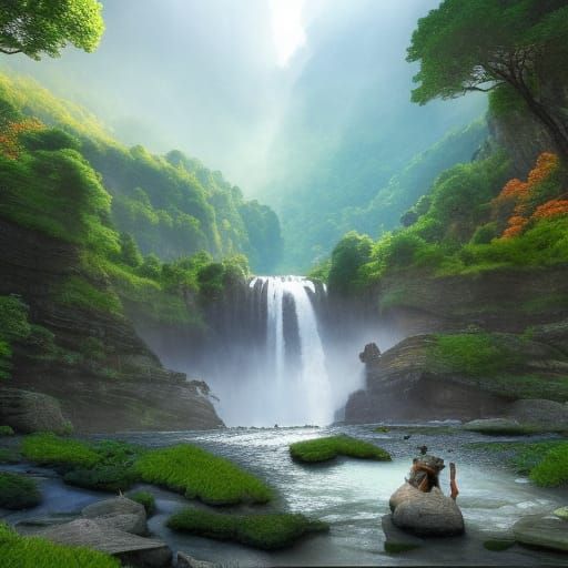 Cascading Waterfall at Sunrise: A Hyperdetailed Landscape