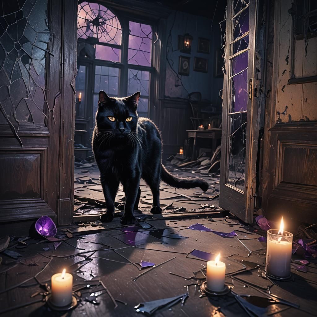Eerie Black Cat Crossing in Abandoned House