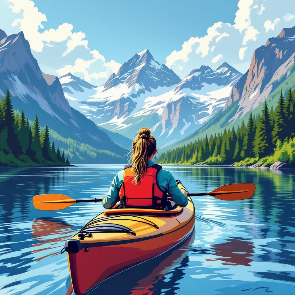 Kayaking Woman in Hyper-Realistic Comic Book Landscape