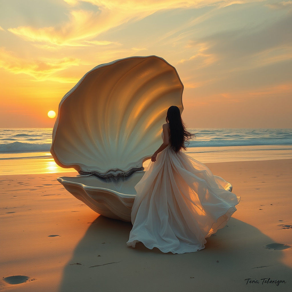 Dreamlike Surrealist Scene of Woman Emerging from Colossal C...