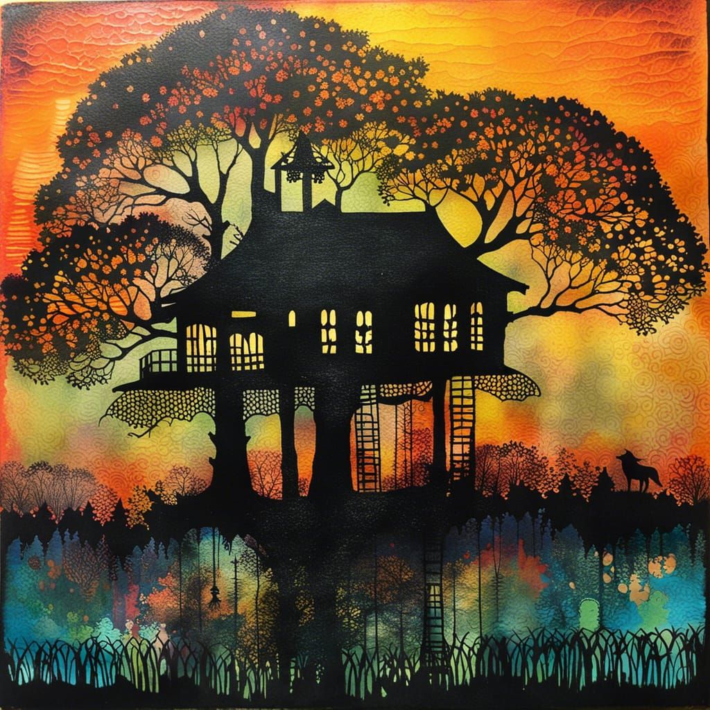 Glowing Treehouse at Dusk in Gelli Print