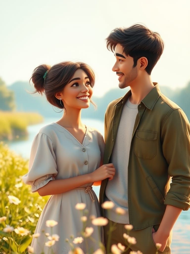Charming Couple Conversing by Riverbank in Digital Art