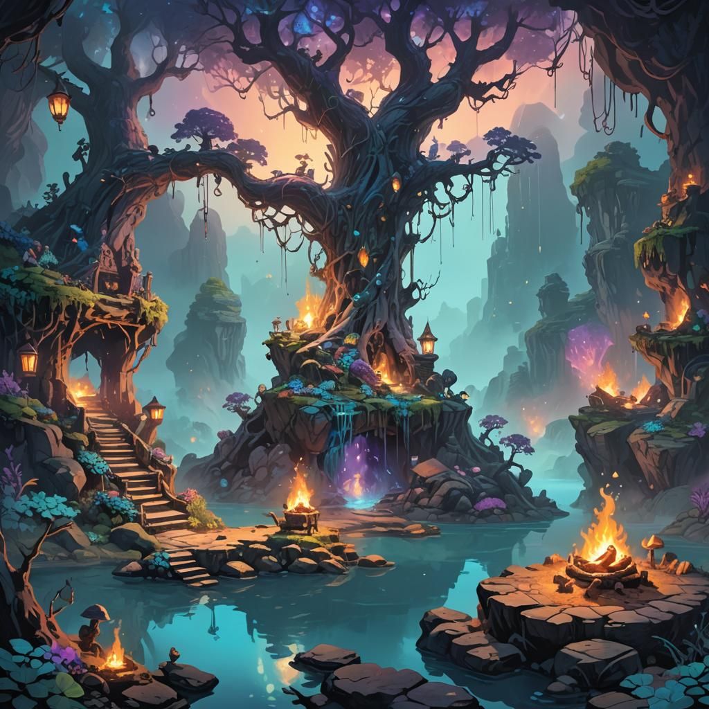 Trolls Grilling Feast in Misty Lake, Fantasy Art