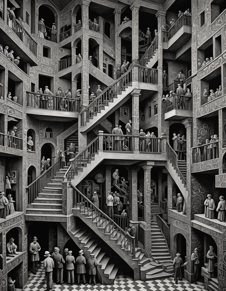 Impossible Staircase with Abstract Figures in Geometric Art