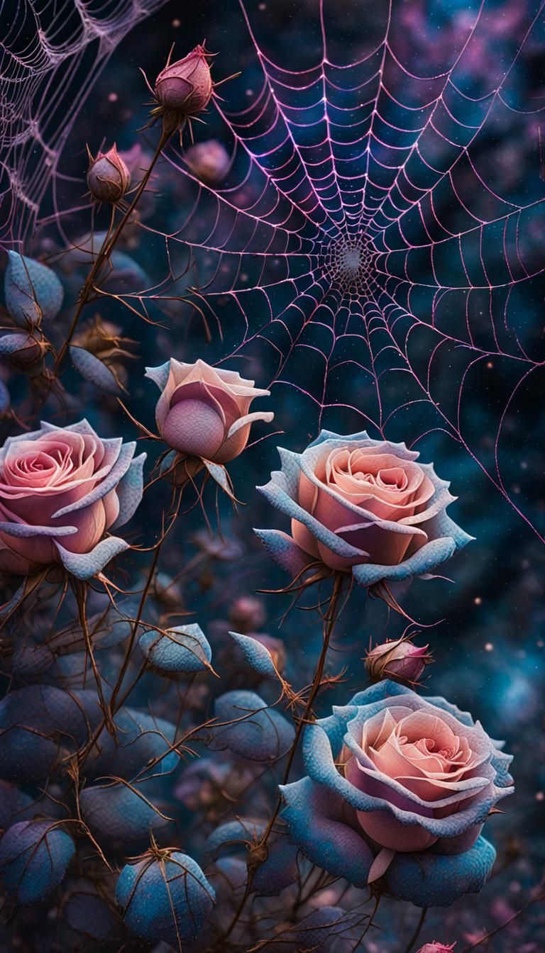 Glowing Spiderweb Surrounded by Roses in Astral Art