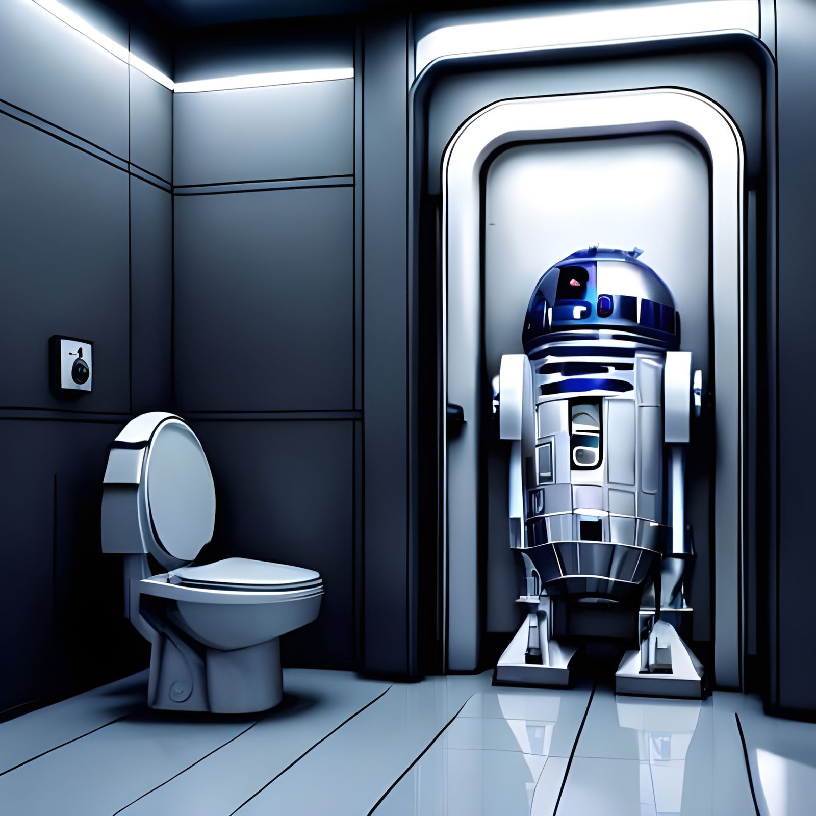 R2-D2 in a Futuristic Restroom, Ultra Detailed