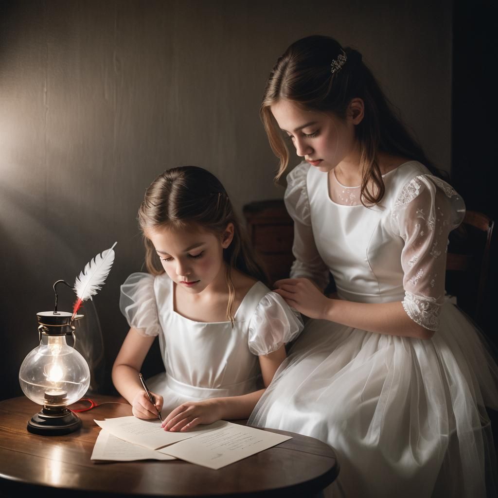 Romantic Portrait of Sisters Writing by Candlelight