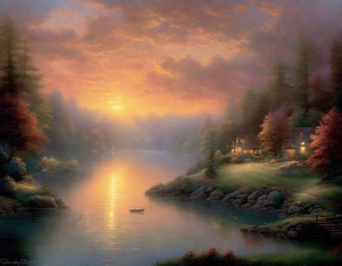 Sunset Lake: Ethereal Fantasy Landscape Painting