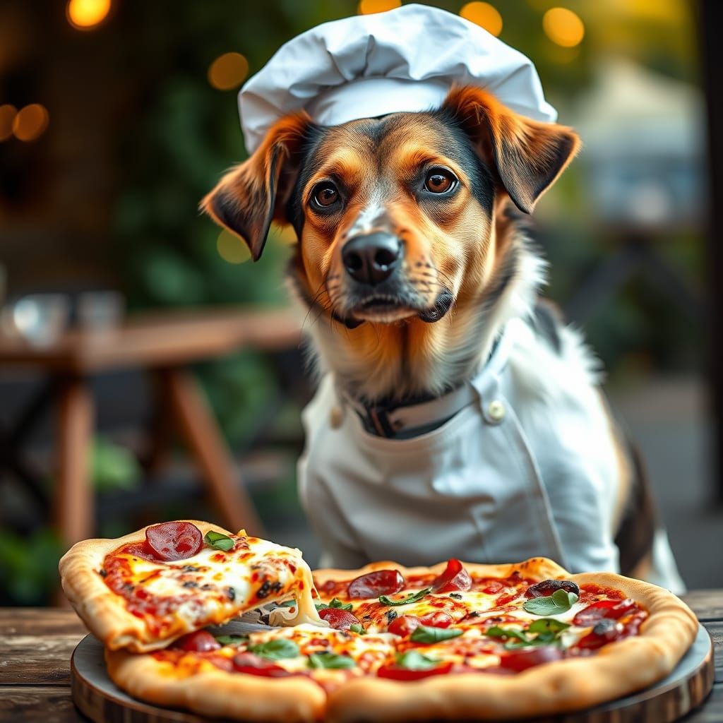 Dog Chef with Pizza Slice in Outdoor Setting