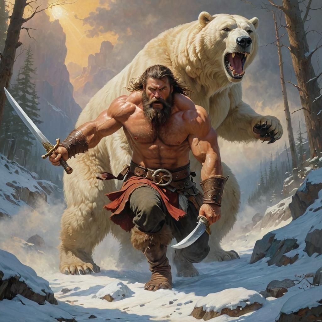 Barbarian and Polar Bear Battle: Fantasy Art
