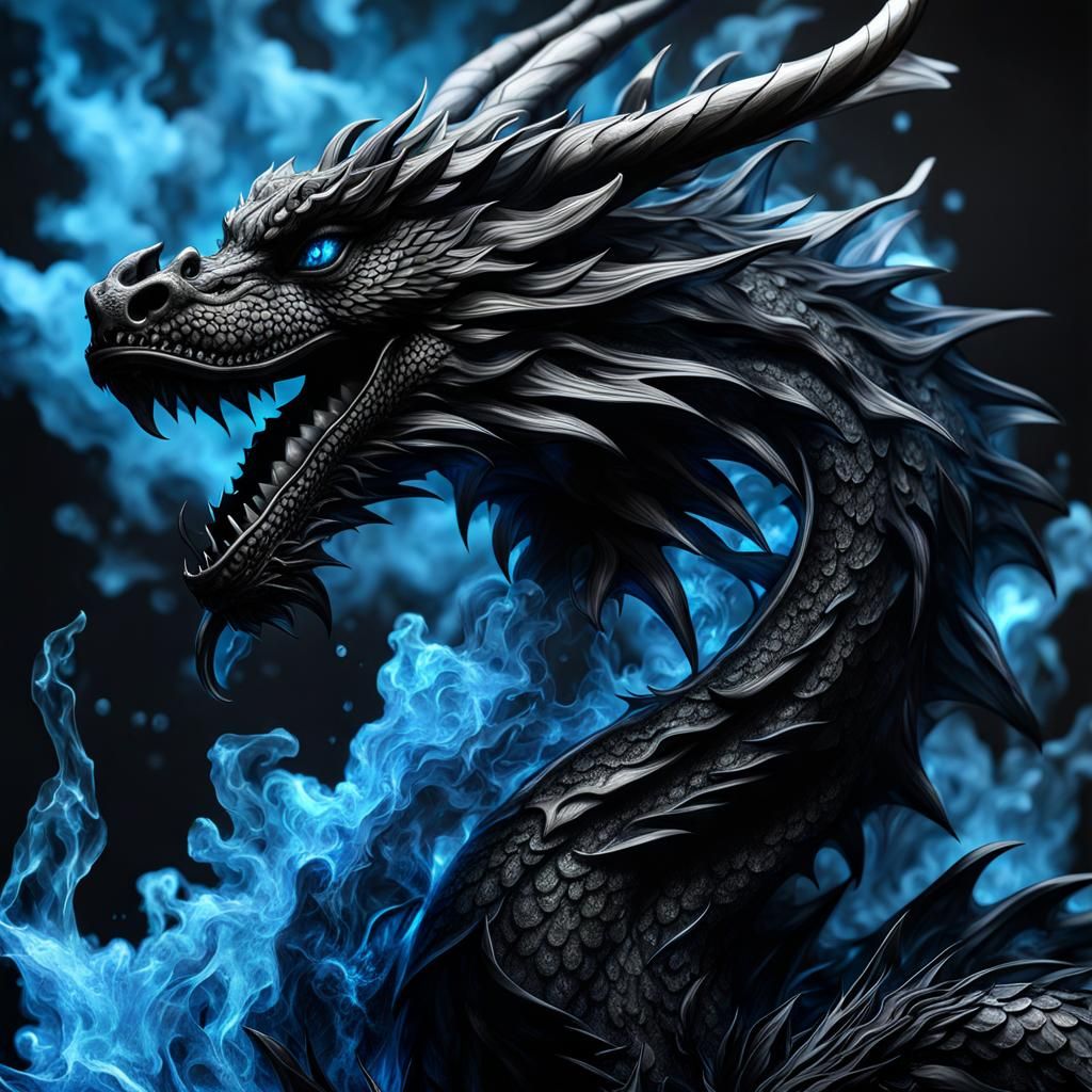 Hyperrealistic Crystal Dragon in Black Smoke and Flames