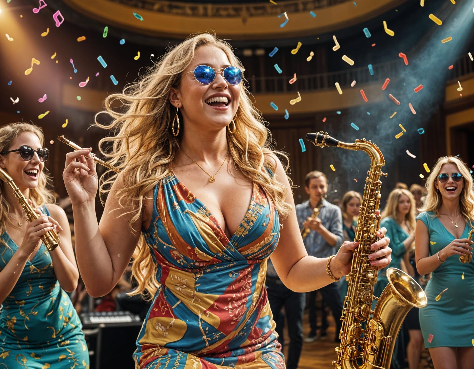 Saxophone Player in Concert Hall with Musical Notes