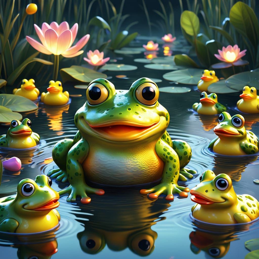 Surprised Cartoon Frog Gazing at Rubber Ducks