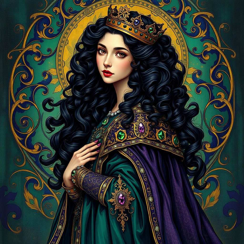 Raven-Haired Queen in Medieval Regalia