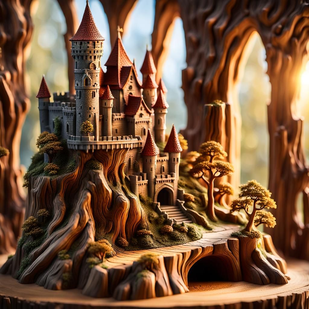 Detailed Wood Carving of a Fantasy Castle