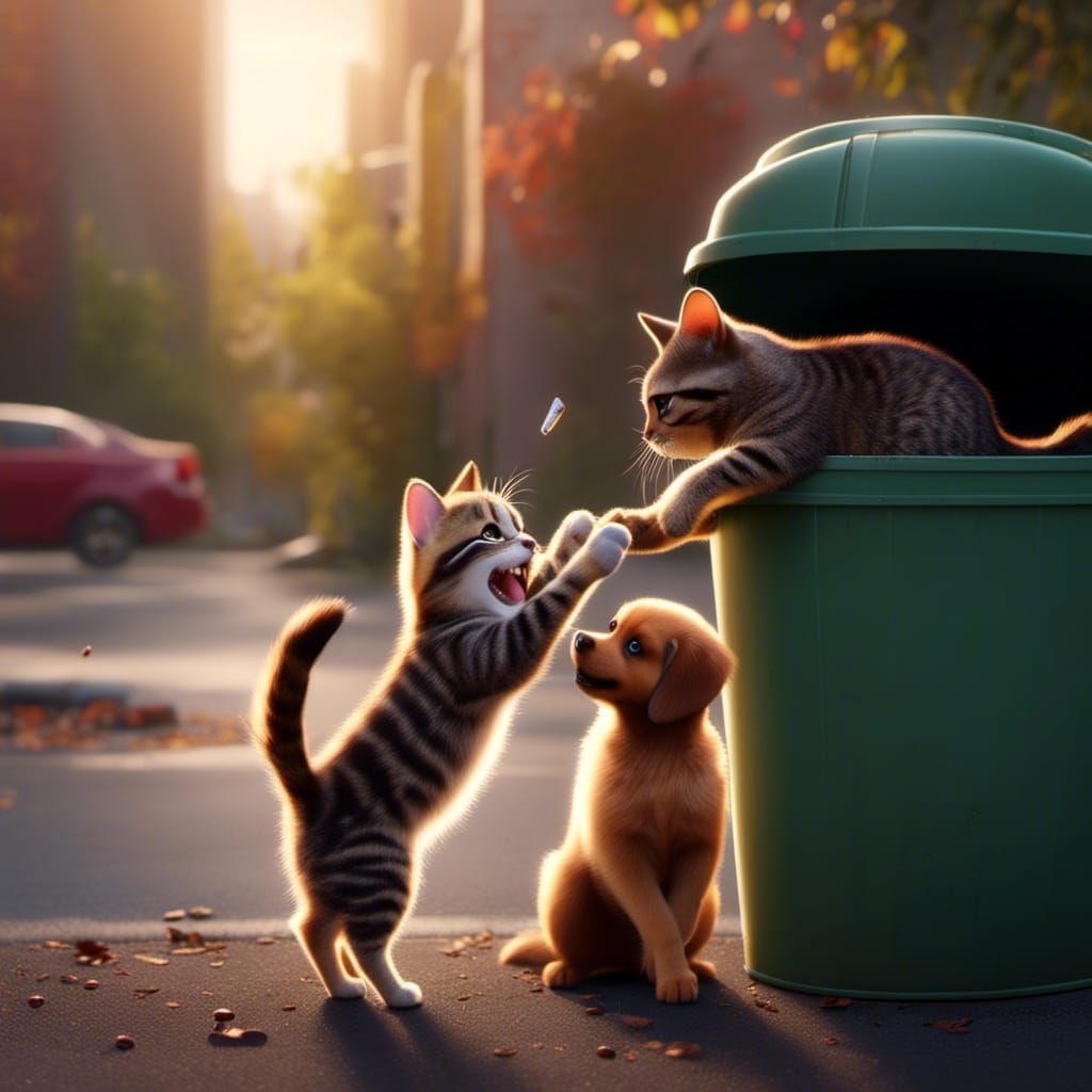 Cat and Dog Team Up Against Raccoon