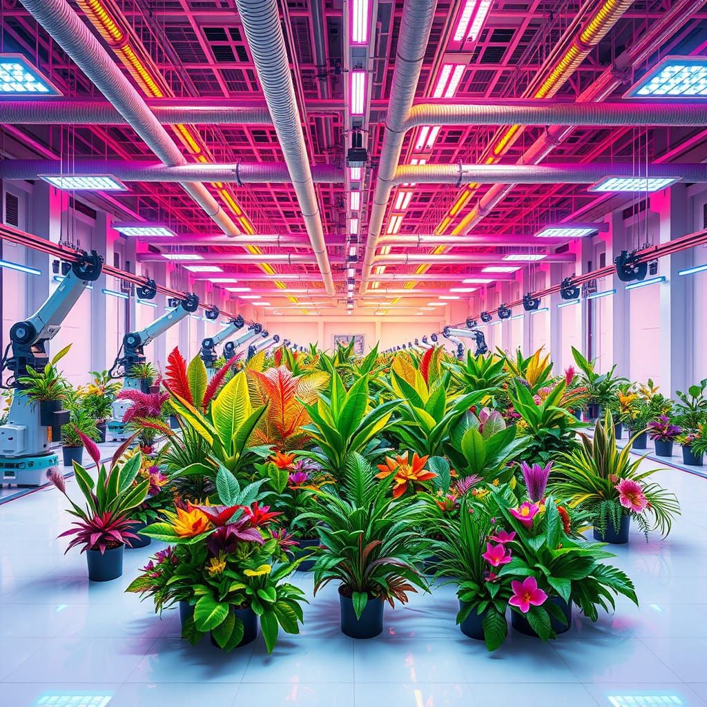 Hyper-Realistic Futuristic Hangar with Lush Greenery and Ind...