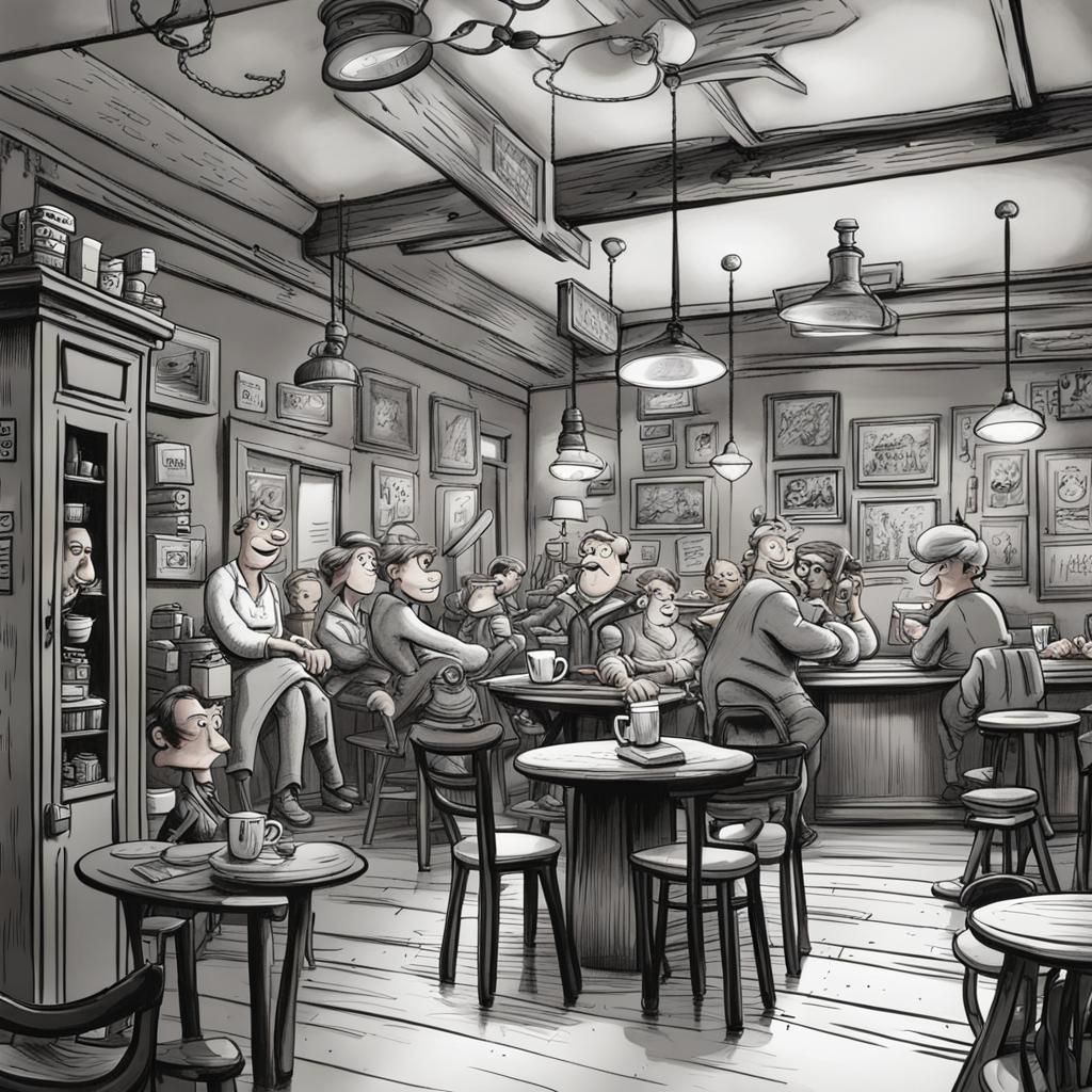 Hand-Drawn Coffeehouse Interior with Cartoon Characters
