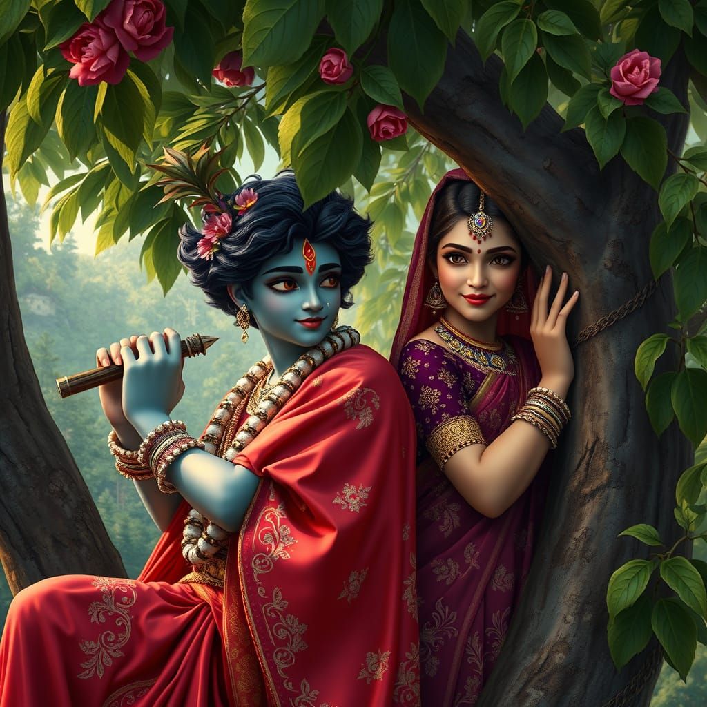 Krishna and Radha Hide and Seek Portrait