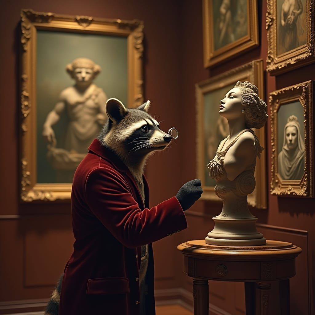 Refined Raccoon Art Connoisseur Examines Masterpiece in Eleg...