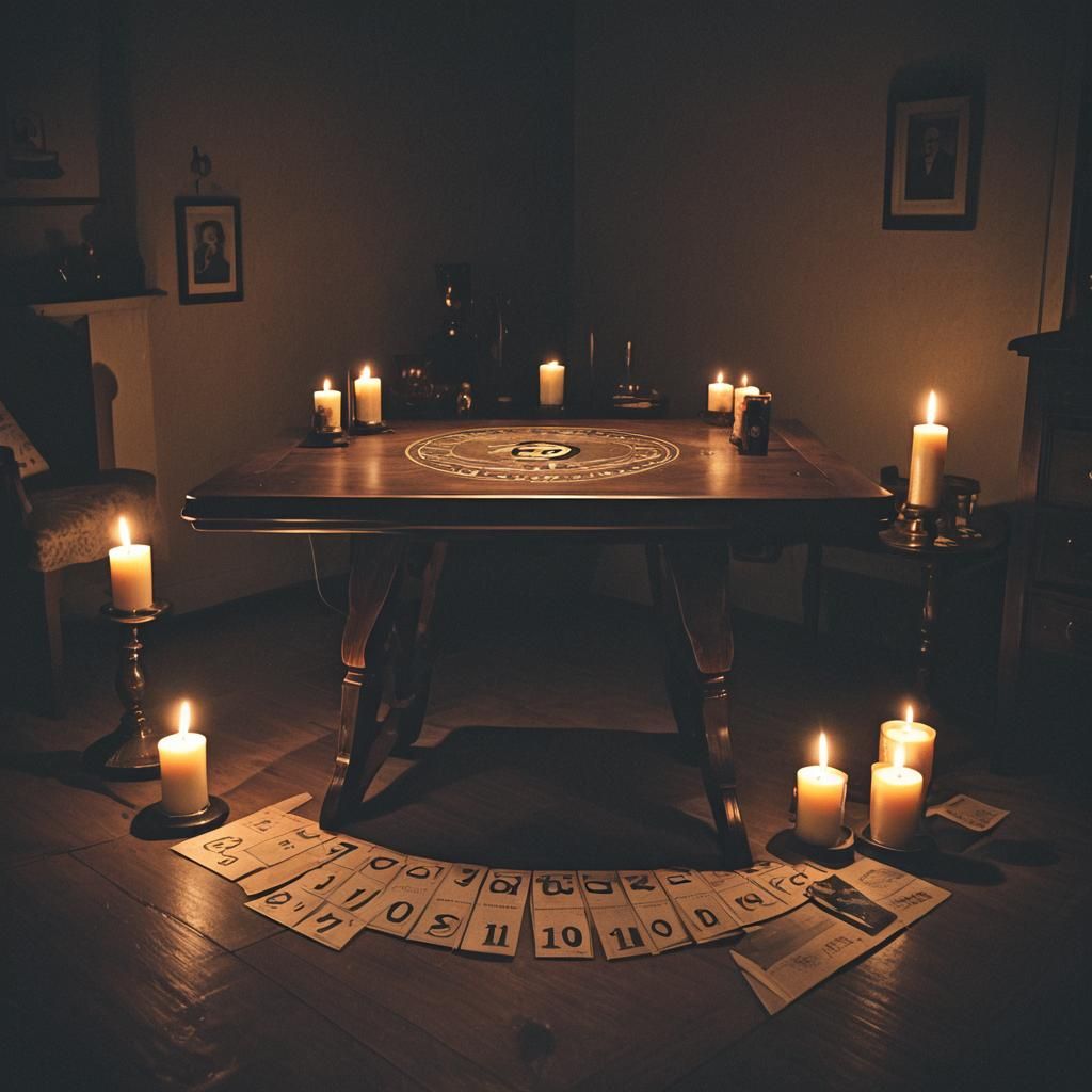 Ominous Ouija Table in Dimly Lit Bedroom