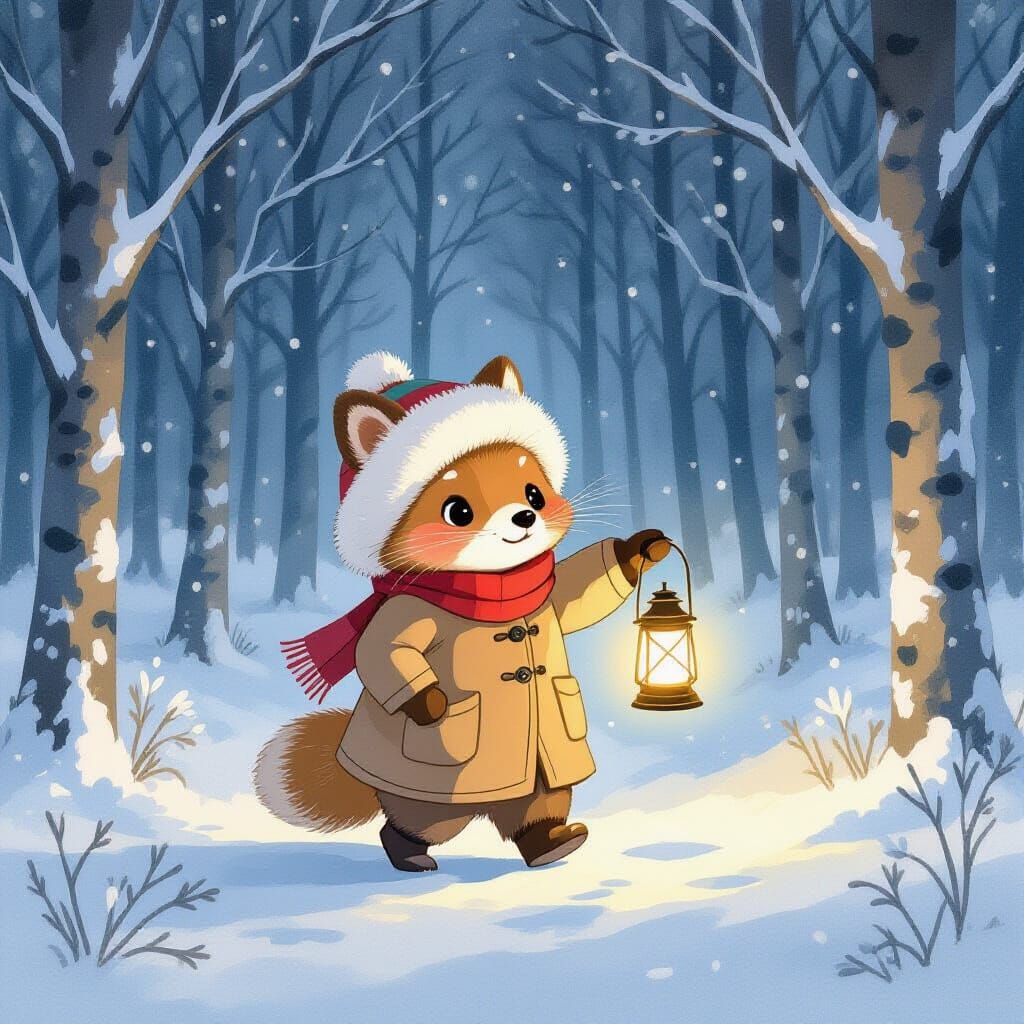 Tanuki's Twilight Walk Through Snowy Forest as Watercolor