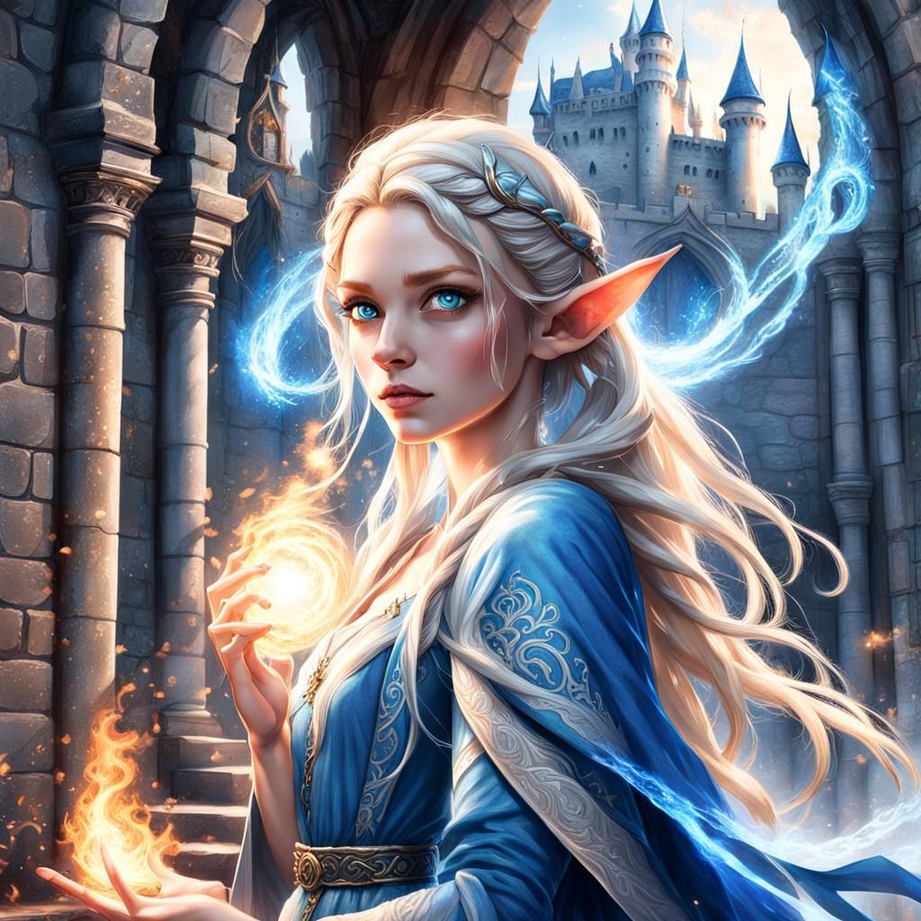 Elf Sorceress with Fire Magic in Splash Art Style