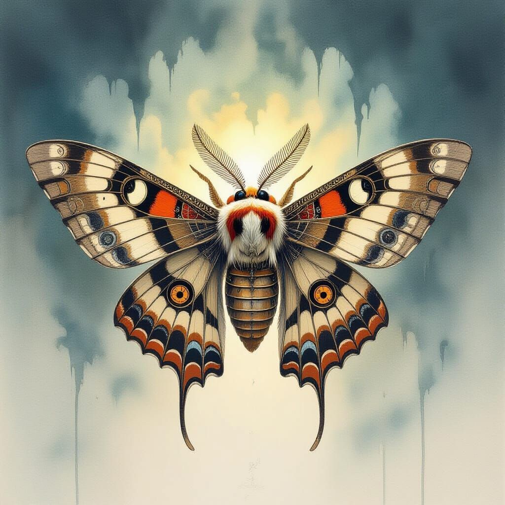 Surreal Mechanical Moth in Watercolor Style