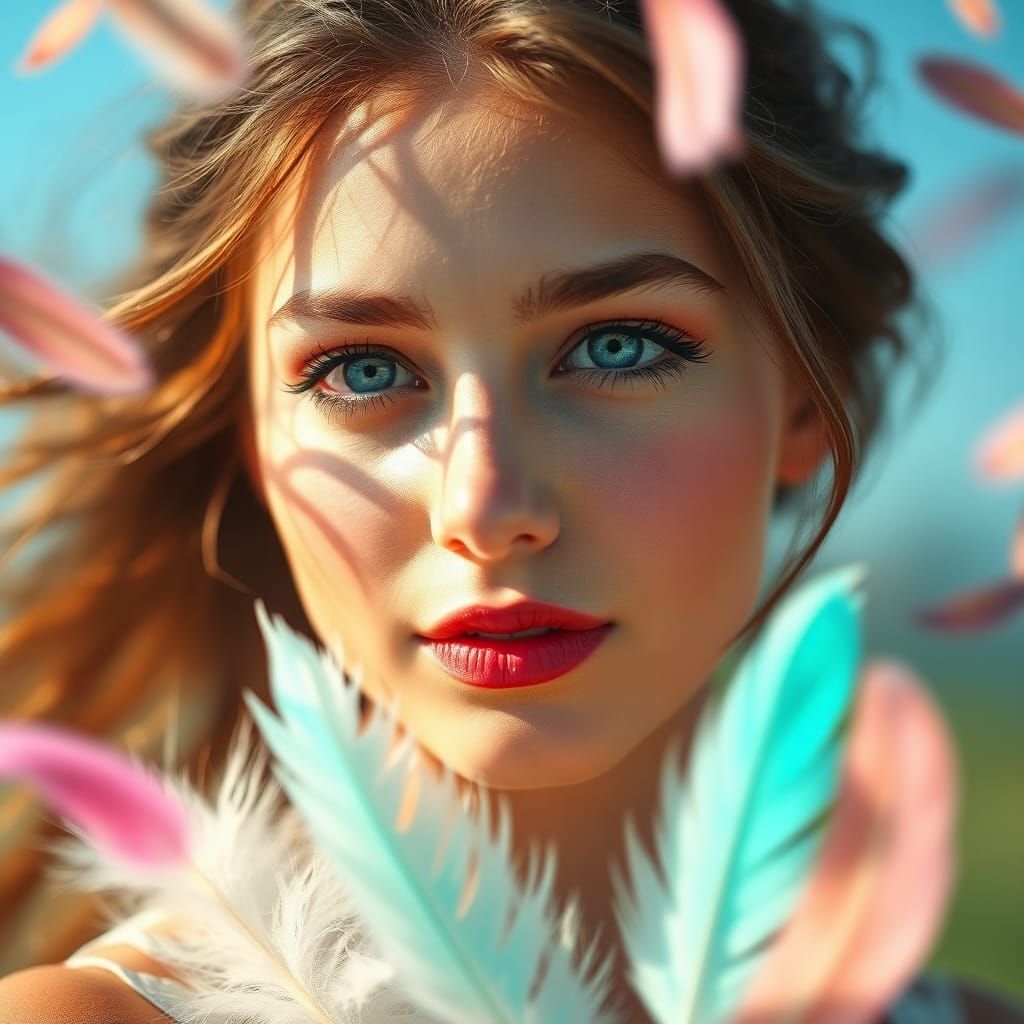 Dreamy Portrait of a Young Woman with Feathers