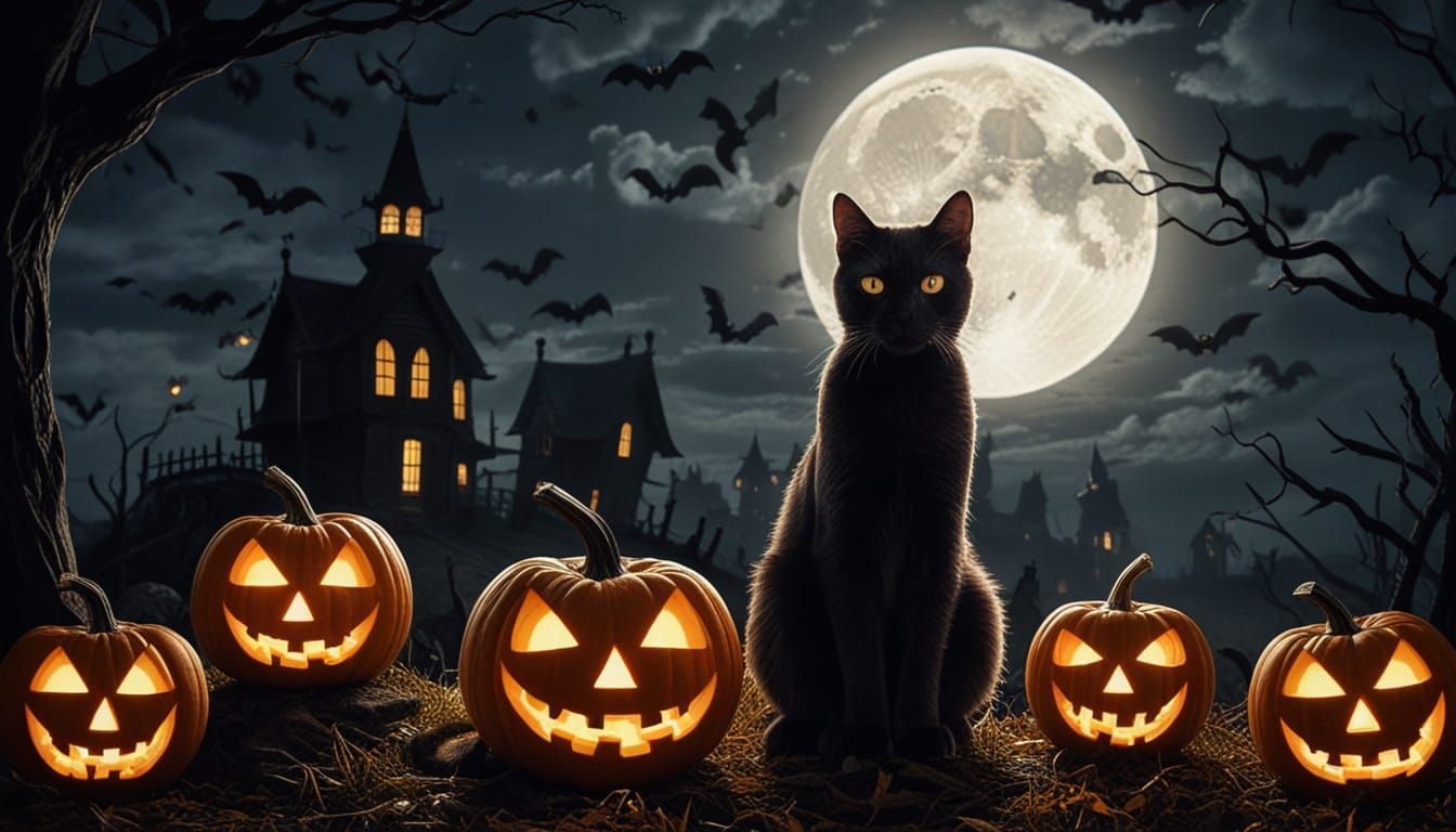 Halloween Cat Women Lighting Full Moon With Ghosts