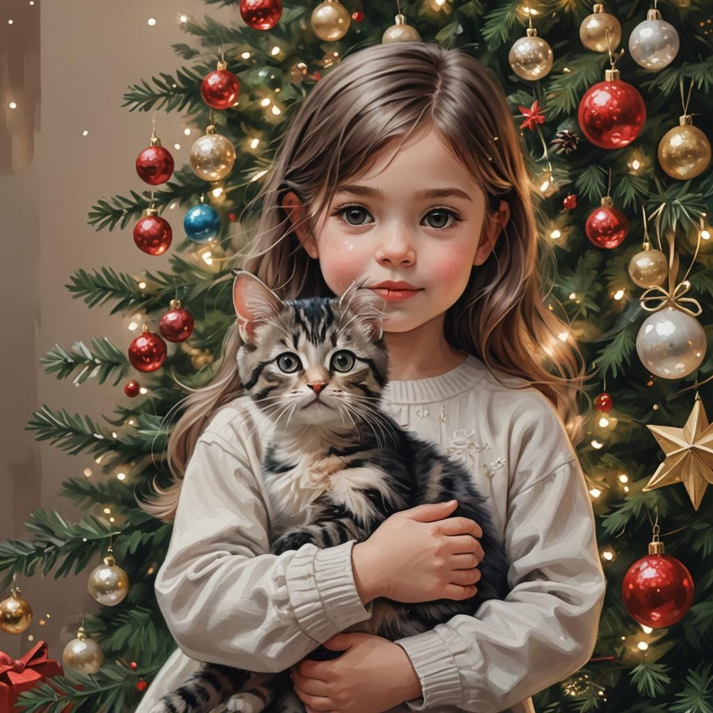 Child and Cat near Christmas Tree: Digital Painting